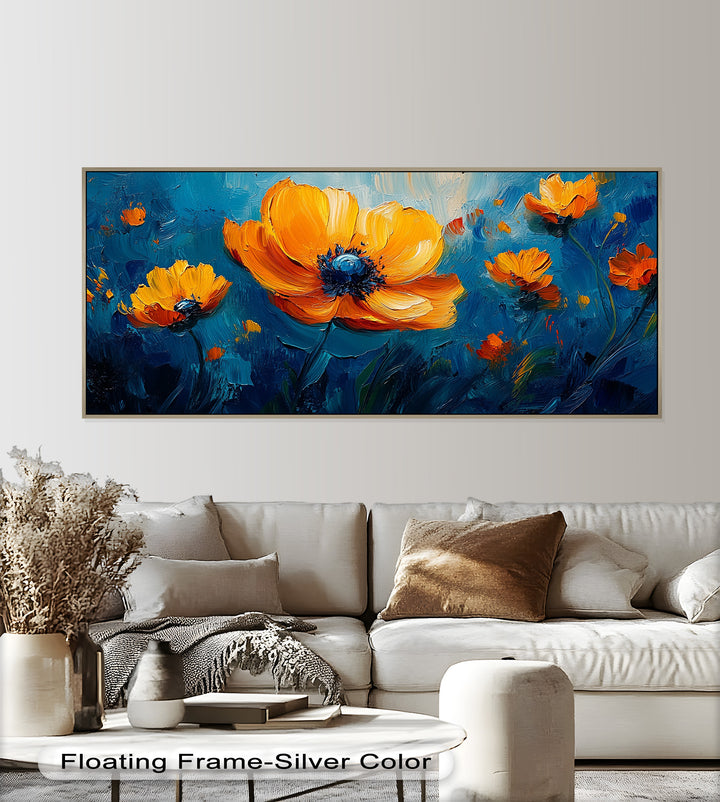 Orange Flowers on Deep Blue - Flower Oil Painting