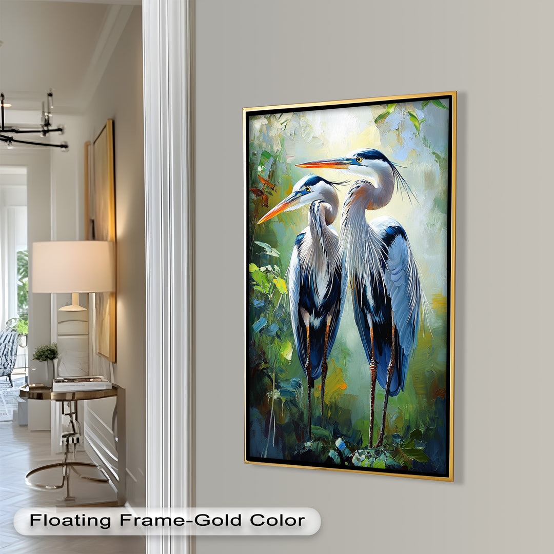 Pair of Herons in Forest Light – Animal Oil Painting