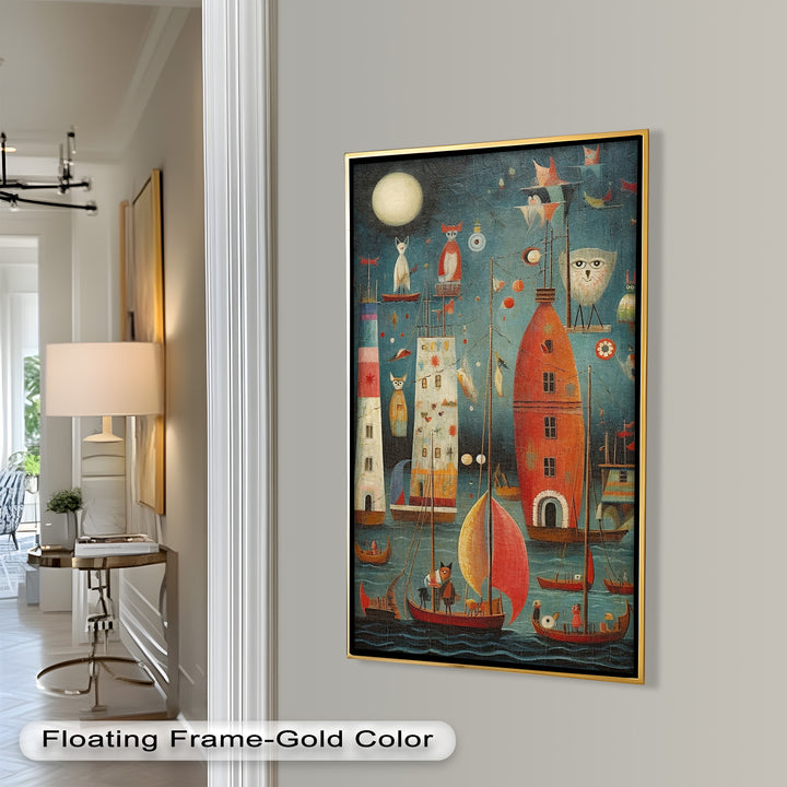 Moonlit Harbor Parade – Surreal Cat and Owl Fantasy Oil Painting
