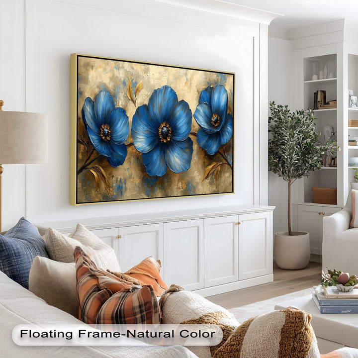 Golden Beige Elegance – Royal Blue Floral Trio Flower Oil Painting