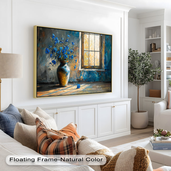 Blue Flowers in Vase – Rustic Still Life Oil Painting