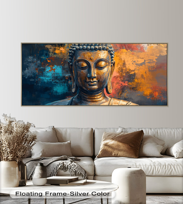 A striking fusion of spirituality and color, featuring a serene bronze Buddha in front of a vibrant, contemporary abstract background.