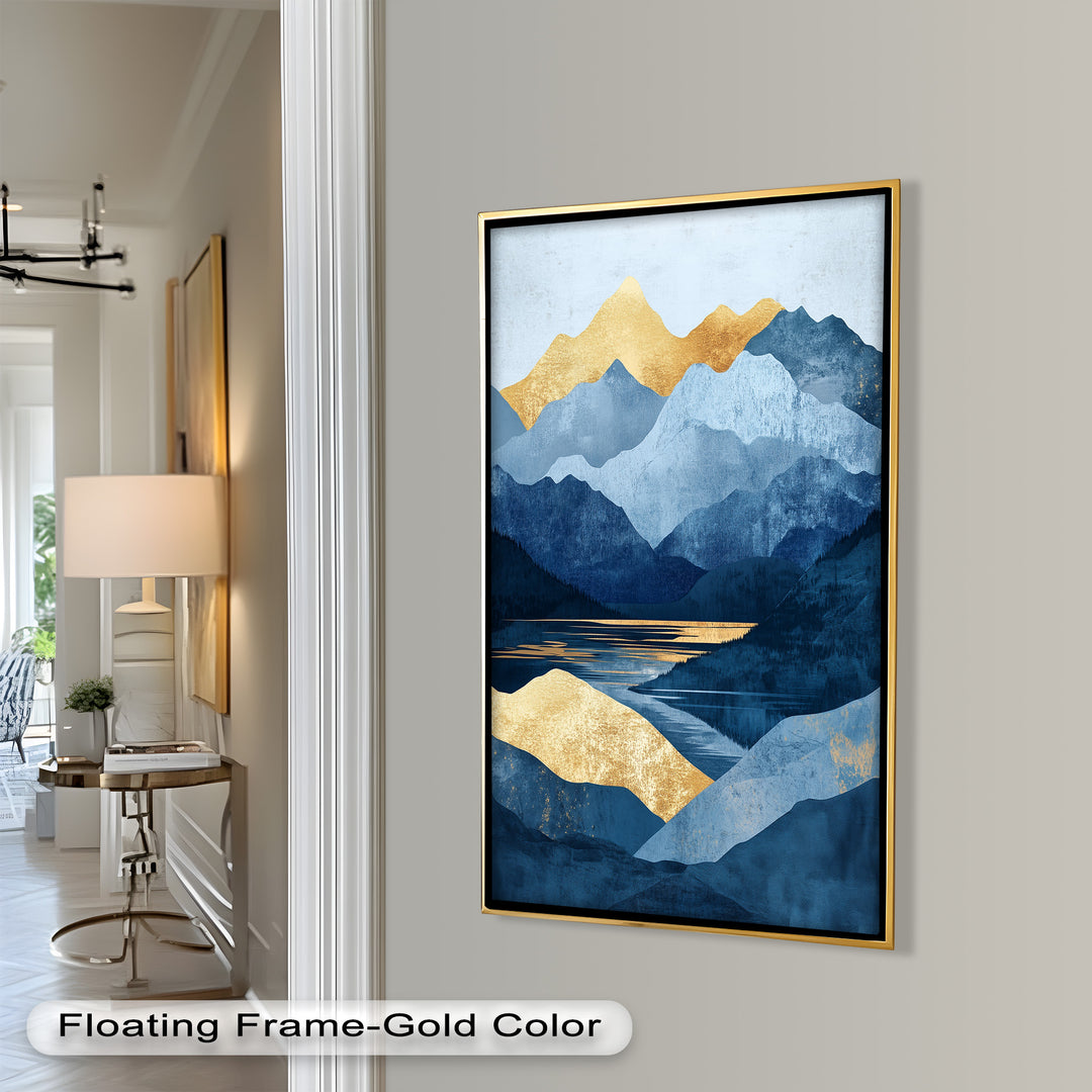 Golden Horizon – Abstract Blue Mountain Landscape Oil Painting