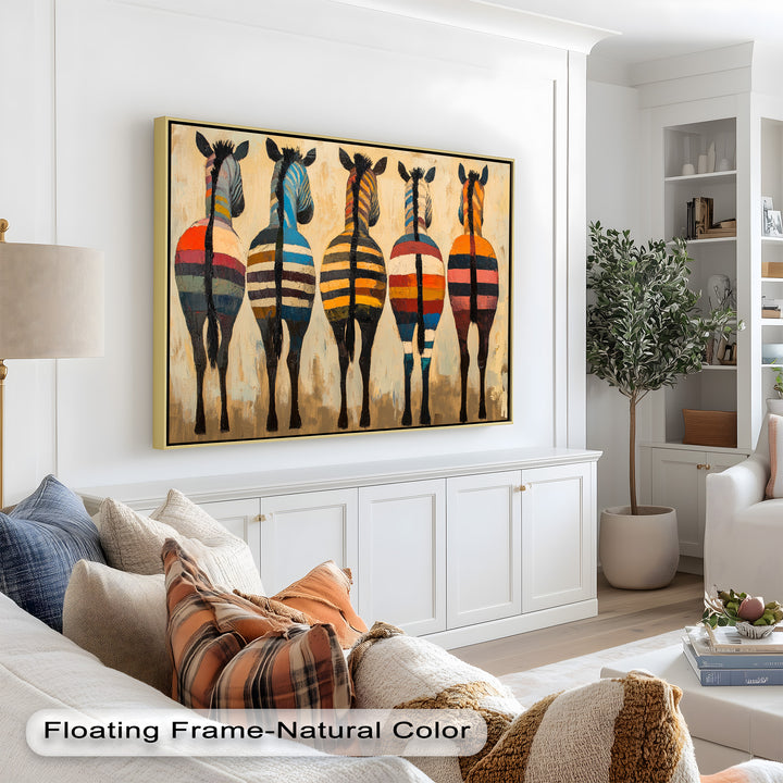 Five Colorful Zebras with Bold Stripes – Animal Oil Painting
