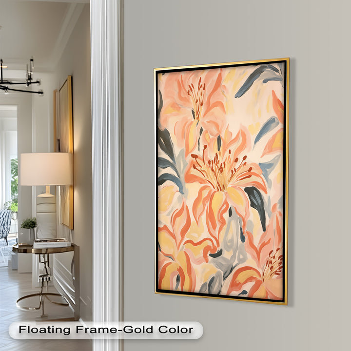 Sunlit Lilies – Abstract Coral Flower Oil Painting