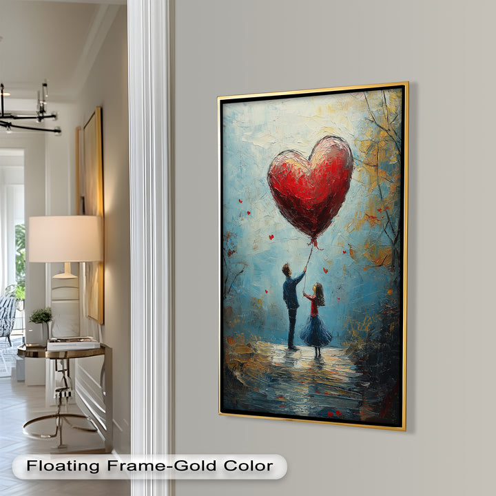 Romantic Red Heart Balloon Scene - Love Oil Painting