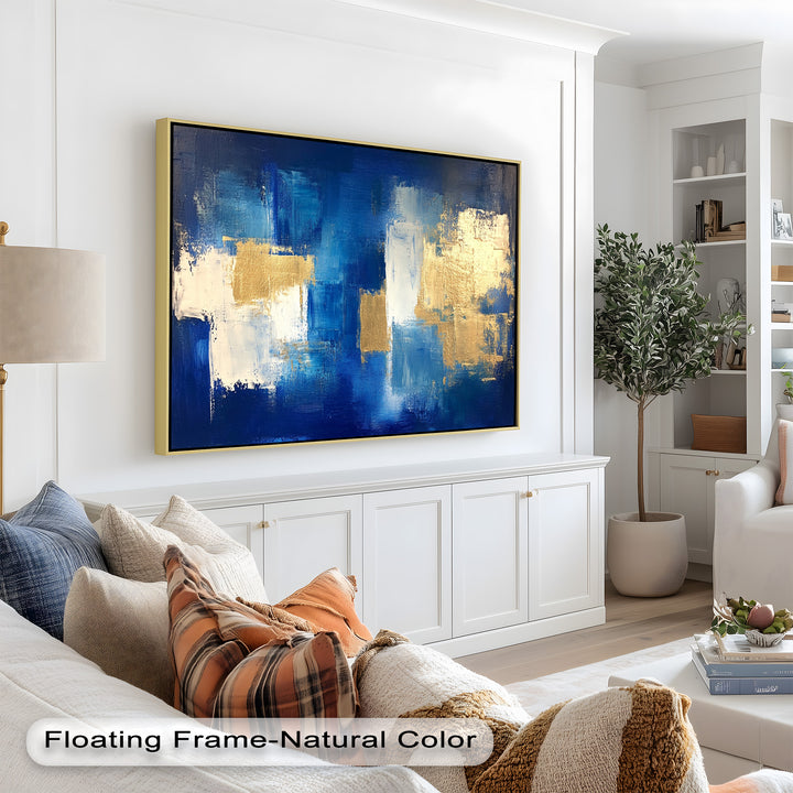 Contemporary wall art with vibrant cobalt tones and shimmering gold highlights.
