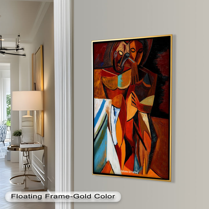 A dramatic and symbolic cubist portrait of two figures in an embrace, blending sharp angles with earthy, passionate color tones.
