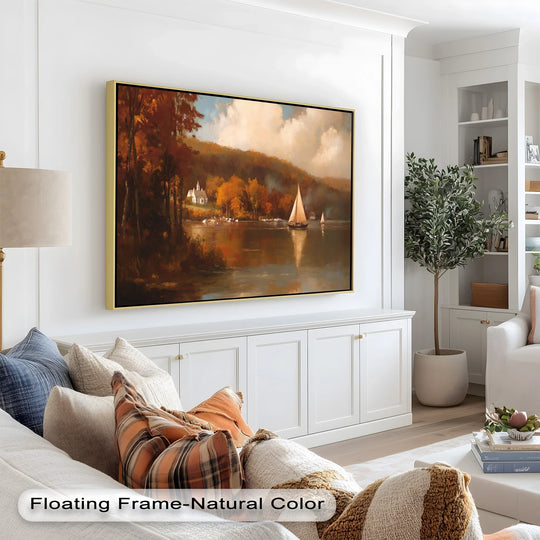Visible brushstrokes and subtle impasto create a textured surface texture on this modern oil painting art print depicting Autumn Sail Reflections on the Hudson River.