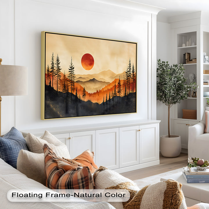 Red Sunset Landscape - Forest Oil Painting
