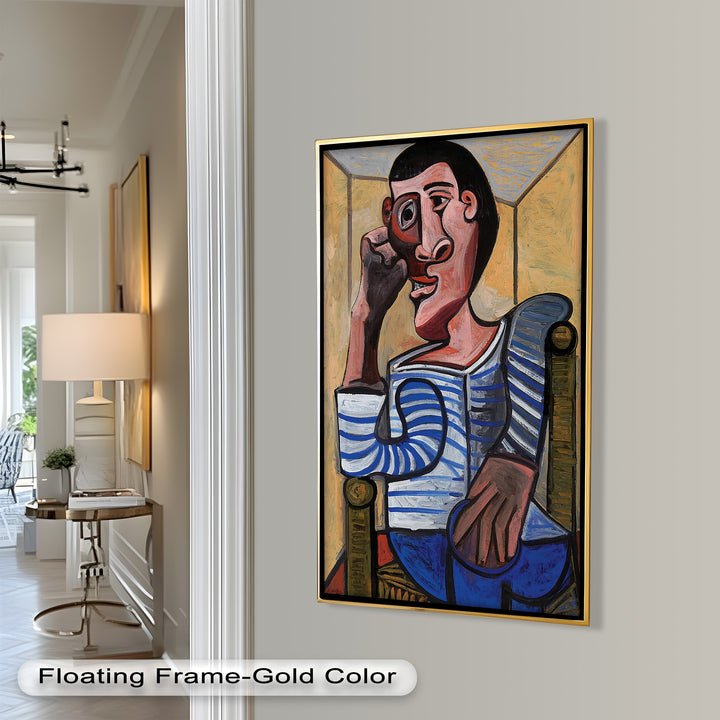 Melancholy in Stripes – Seated Man with Blue Shirt Picasso Oil Painting