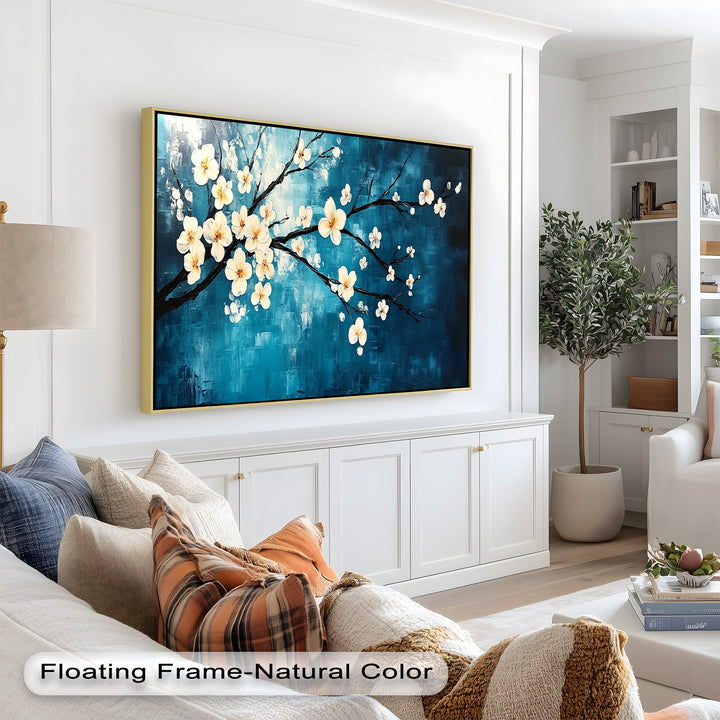A contemporary floral scene with soft blossoms dancing across textured brushstrokes of rich turquoise and navy.