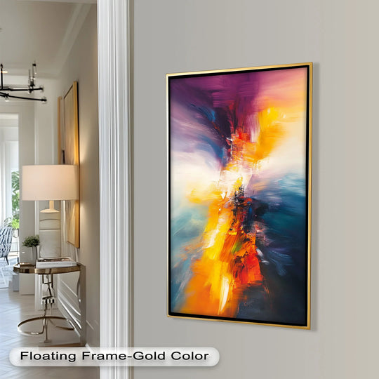 Foreground detail highlights the mesmerizing strokes of a vivid abstract oil painting wall art in solar pulse hues, beautifully framed in gold.