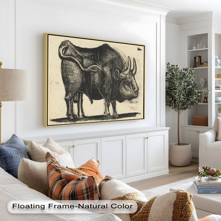 Expressive Bull Figure with Bold Linework – Figurative Oil Painting
