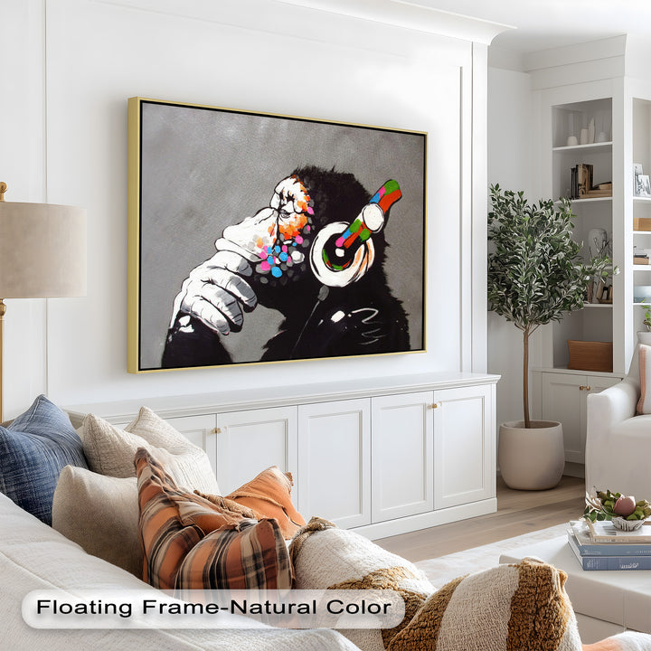 Contemplative Chimp with Headphones - Banksy Oil Painting