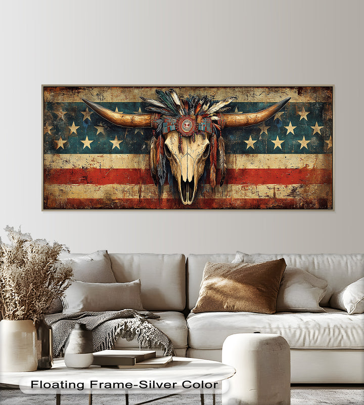 Tribal Longhorn Totenkopf mit Kopfschmuck – Amerikanisches Ölgemälde