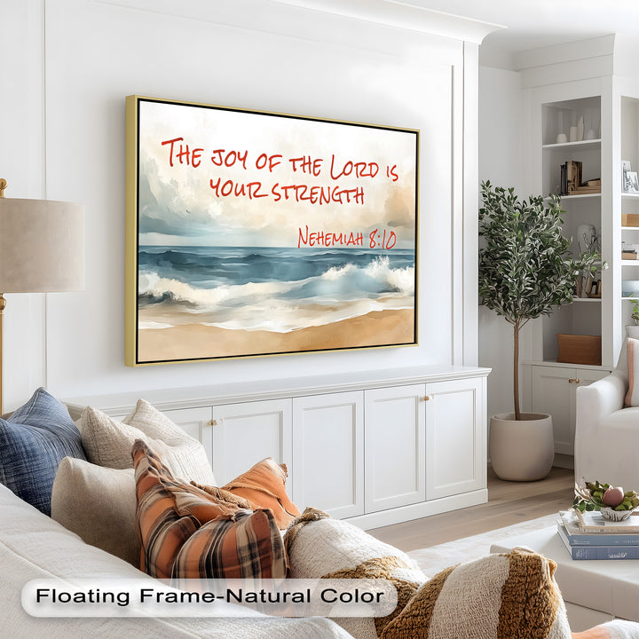 Christian wall art featuring soft waves and scripture on the power of joy.
