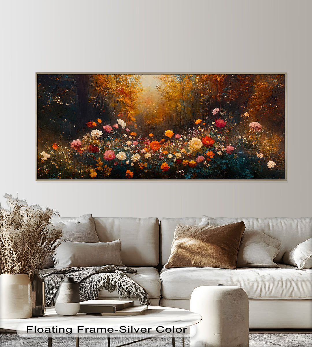 This enchanting painting captures a glowing autumn forest opening into a vibrant bloom of wildflowers in rich shades of orange, pink, red, and white.