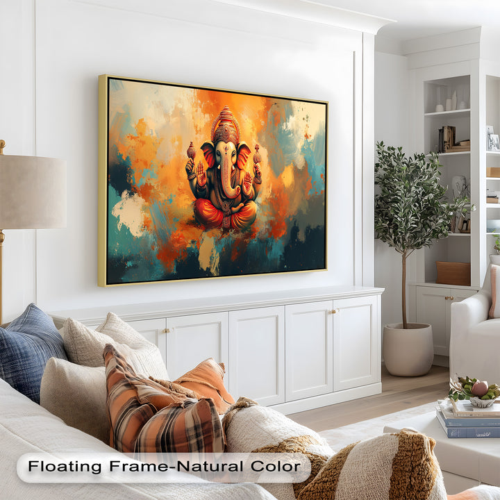 Orange Ganesha Wandkunst – Religiöses Ölgemälde