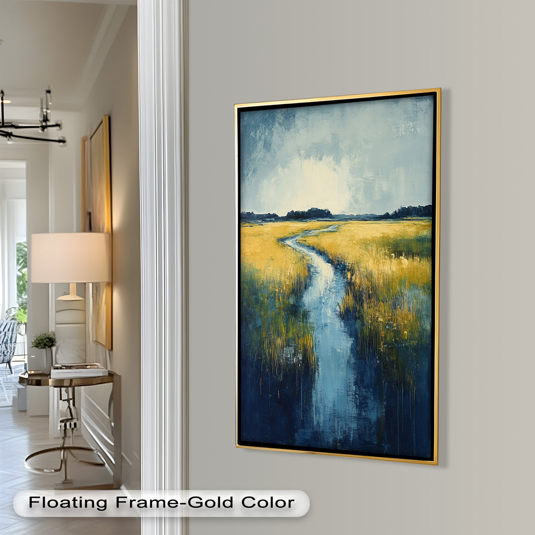 Golden Fields and Blue Stream – Contemporary Landscape Oil Painting