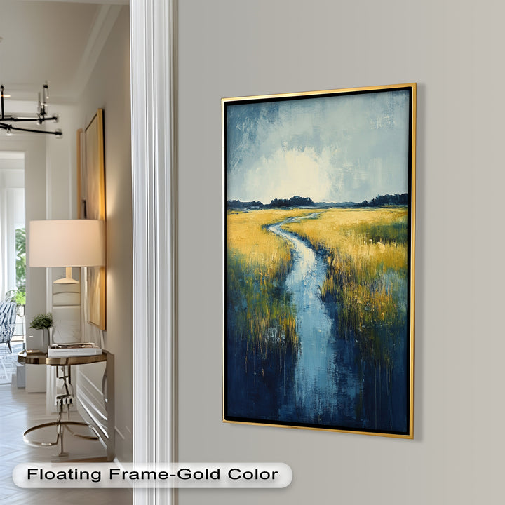 Golden Fields and Blue Stream – Contemporary Landscape Oil Painting