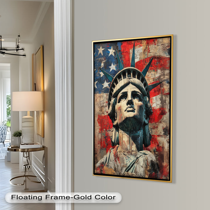 Freiheitsstatue mit amerikanischer Flagge - Patriotisches Ölgemälde