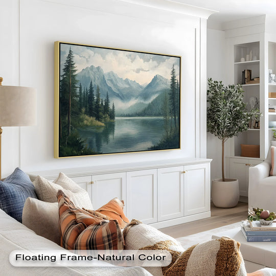 Vibrant color contrast highlights the landscape oil painting's misty mountains and tranquil lake, a modern oil painting art piece framed in gold for a serene alpine view.