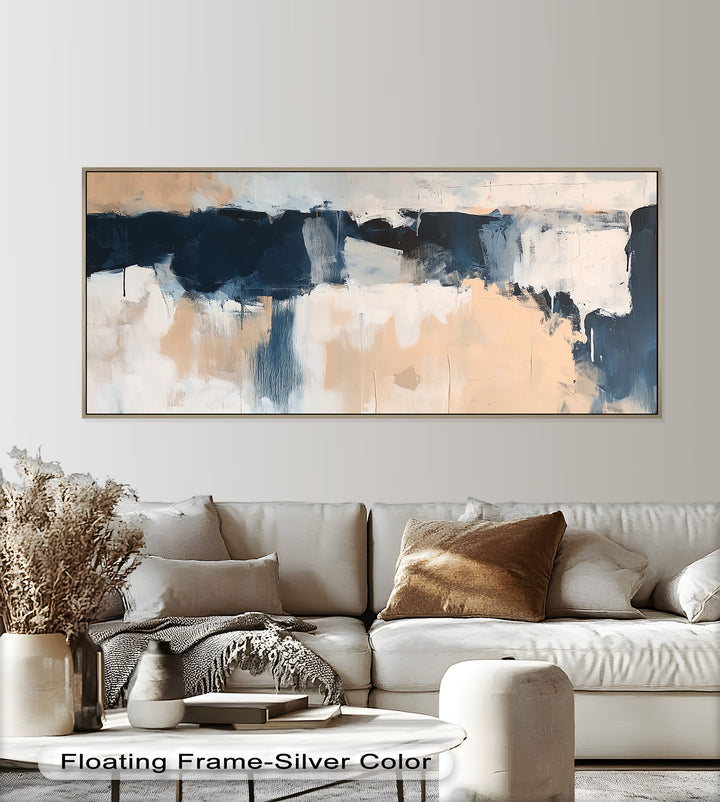Coastal Horizon – Neutrales, marineblaues, abstraktes Ölgemälde
