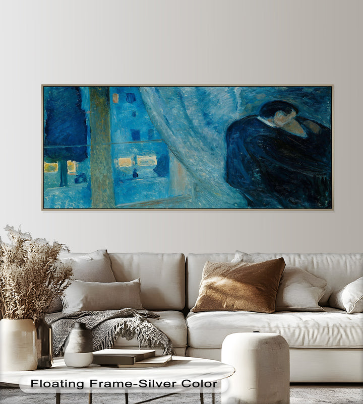 A soft, emotional painting using shades of blue to portray love and solitude within a warmly lit urban evening.