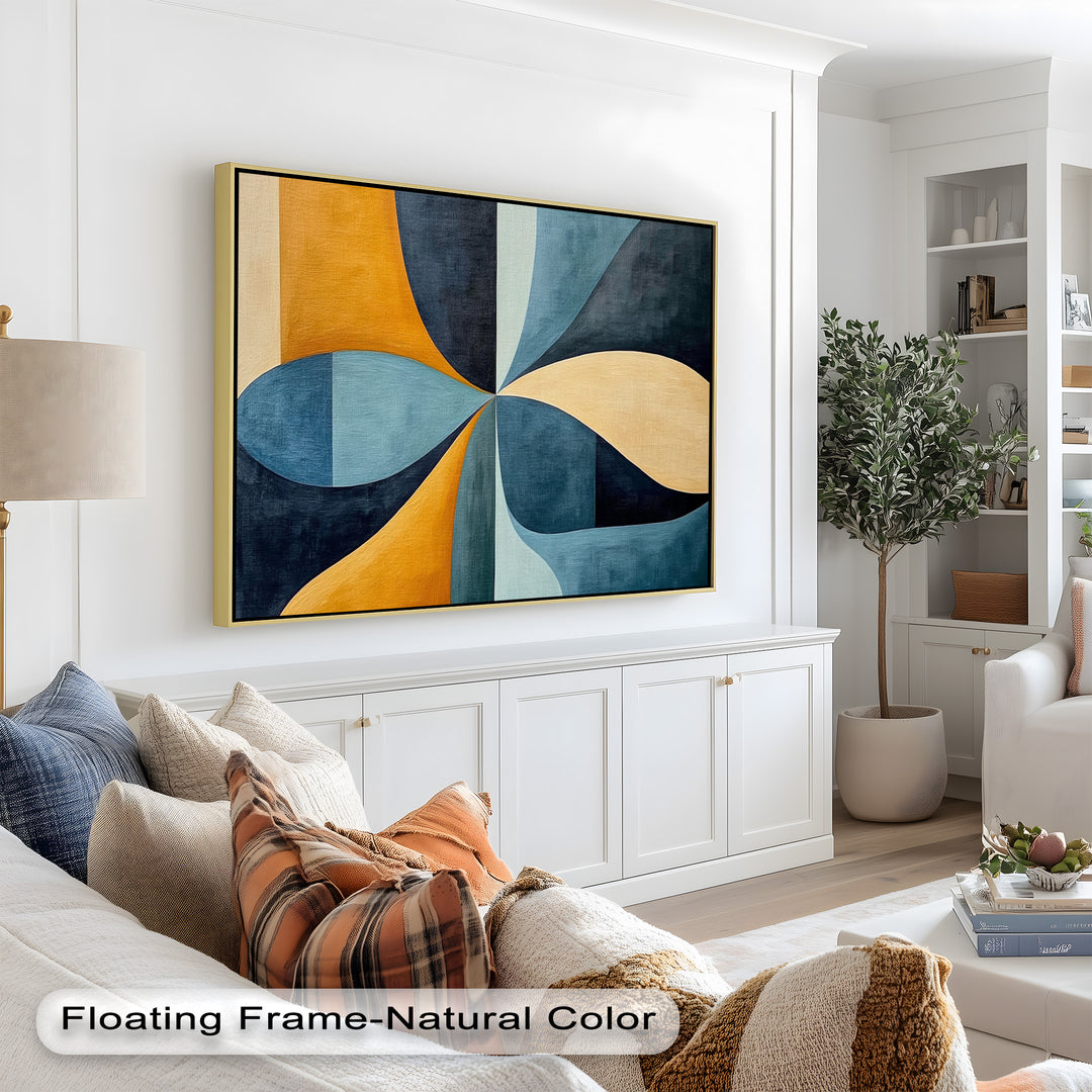 Abstract design painting with dynamic flow of bold lines and earth-toned colors.
