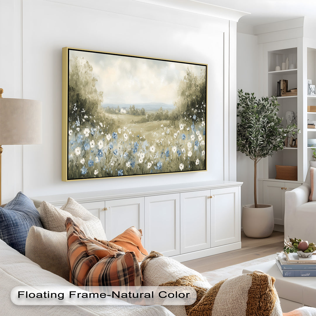A dreamy countryside meadow filled with delicate white and blue wildflowers, leading to distant hills and a cozy farmhouse.