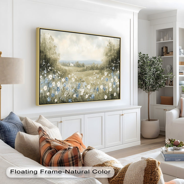 A dreamy countryside meadow filled with delicate white and blue wildflowers, leading to distant hills and a cozy farmhouse.