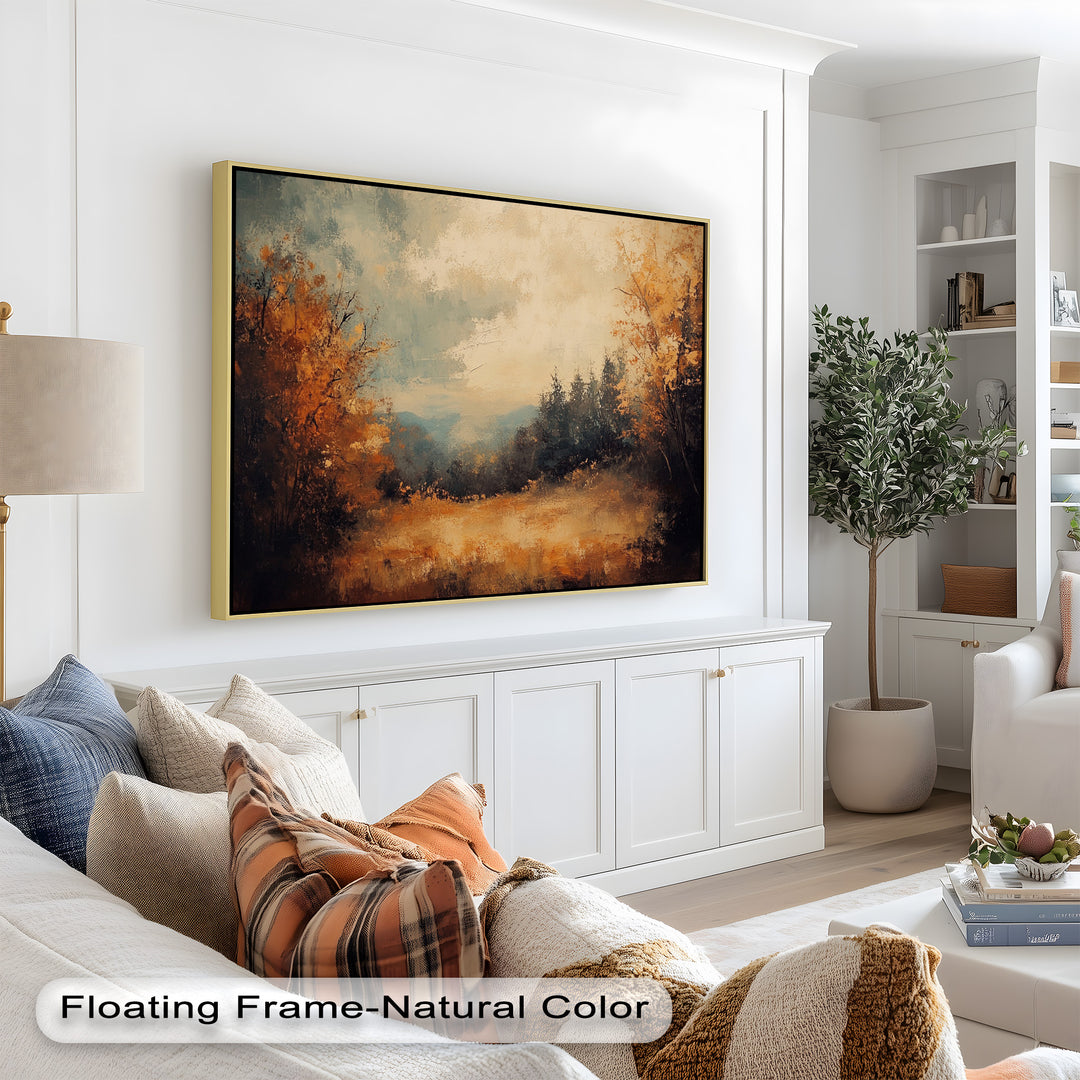 Rustic fall meadow artwork with golden leaves and blue-toned mountains.
