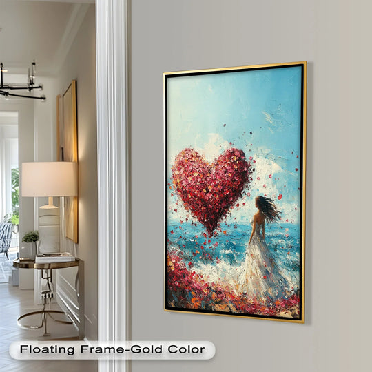 Visual rhythm is created through the brushstrokes and petal patterns in this oil painting reproduction print depicting a woman standing by a heart-shaped cloud of petals over the sea.