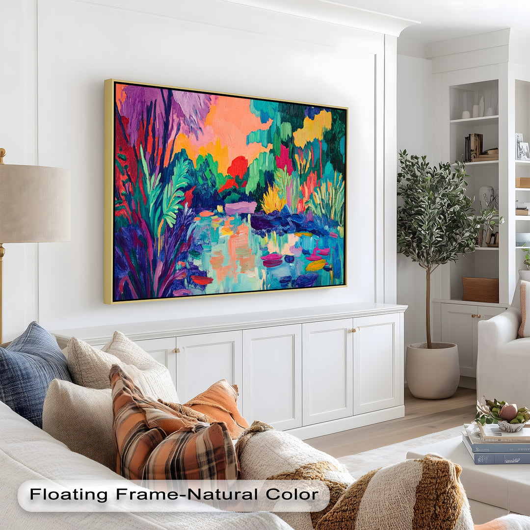 Sunset Reflections Oil Painting – Fauvist Lakeside Dreamscape