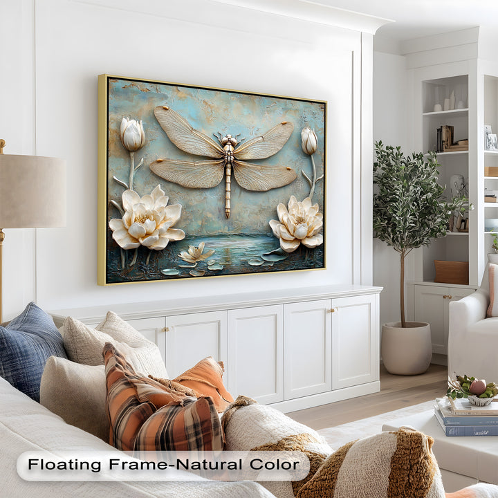 A mesmerizing metallic and embossed-style painting capturing a tranquil pond scene with a dragonfly hovering over blooming lotus flowers.