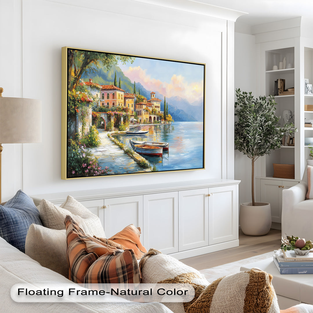 Italian Lake Village Wall Art – Mediterranean Oil Painting