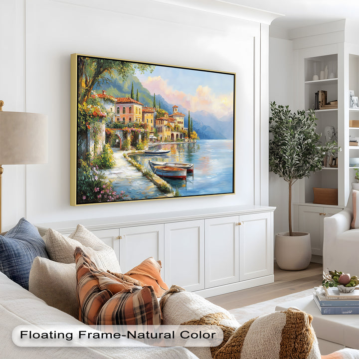 Italian Lake Village Wall Art – Mediterranean Oil Painting