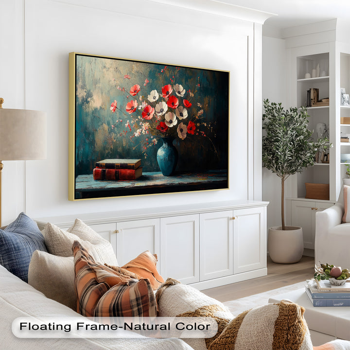 Vibrant Floral Vase with Books – Botanical Oil Paintings