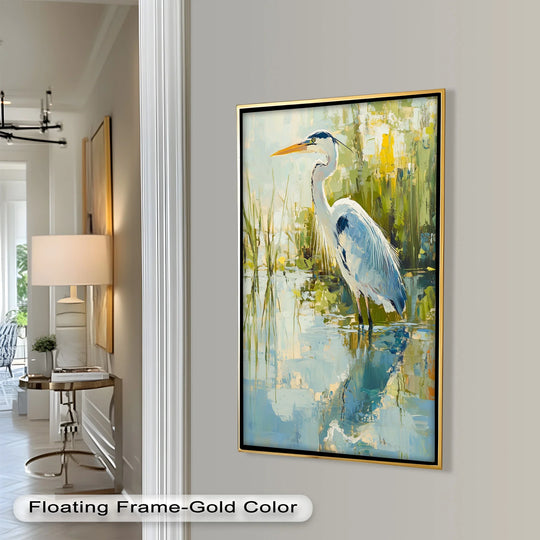 Vertical heron in wetlands oil painting artwork with reflections of grace is presented in a rectangular shape.