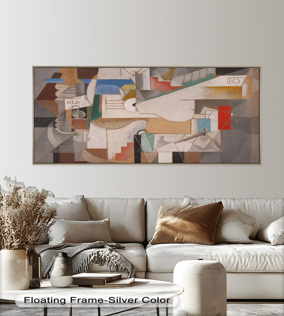 A complex cubist composition filled with geometric shapes, muted tones, and fragmented forms suggesting musical and architectural elements.