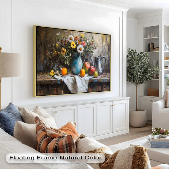 Highlighting the layering effect, this vintage floral and fruit still life is an example of beautiful oil painting home decor that adds depth and rustic charm.