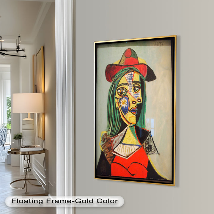 Strahlender Blick – Frau mit rotem Hut, kubistisches Porträt, Picasso-Ölgemälde