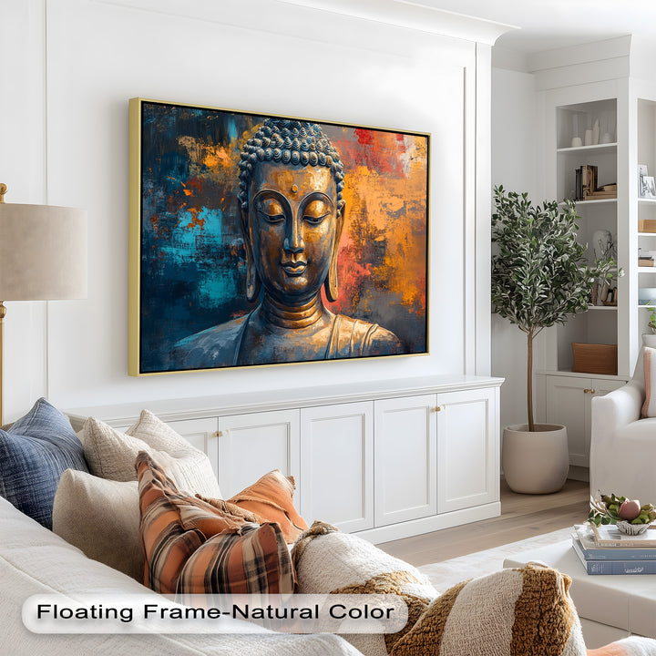 A harmonious depiction of inner peace, with a Buddha statue radiating stillness amidst colorful brushstroke contrasts.
