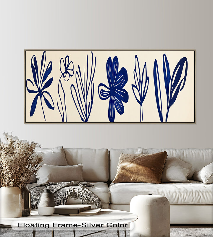Indigo Bloom Line Art – Minimalistisches florales Ölgemälde