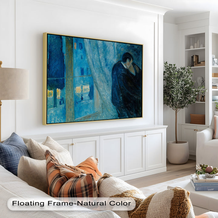 Emotive painting with a man and woman in a close embrace, framed by a glowing urban nightscape.

