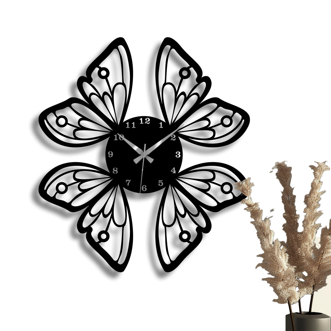 Dramatic light and shadow exquisitely define the intricate black butterfly wings metal artwork clock, casting sharp silhouettes on the bright wall.