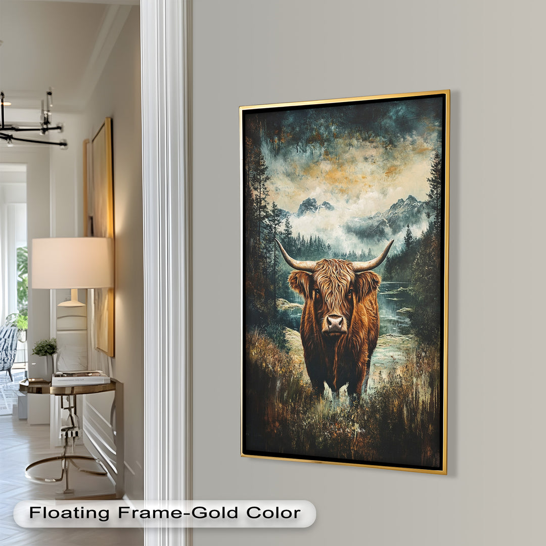 Highland Cow in Misty Pines – Wilderness Oil Painting