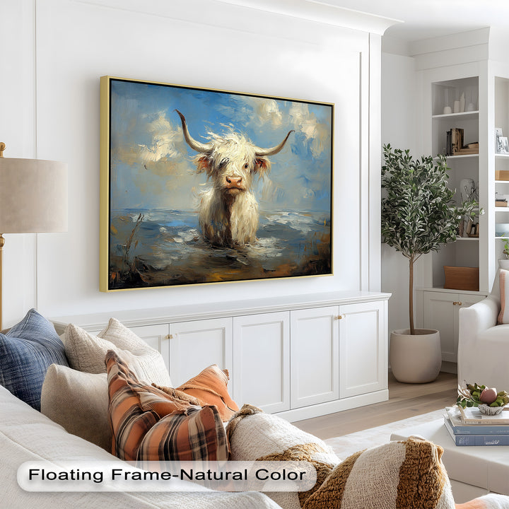 Highland Cow in Coastal Waters – Animal Oil Painting
