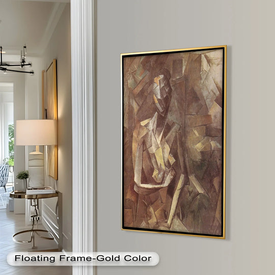 Low color saturation enhances the muted, earthy sepia tones of this cubist figure oil painting artwork, presenting a refined abstract piece.